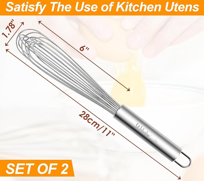 Webake 11" Stainless Steel French Whisk French Whip for Professional or Home, 304 Metal Whisk Set of 2
