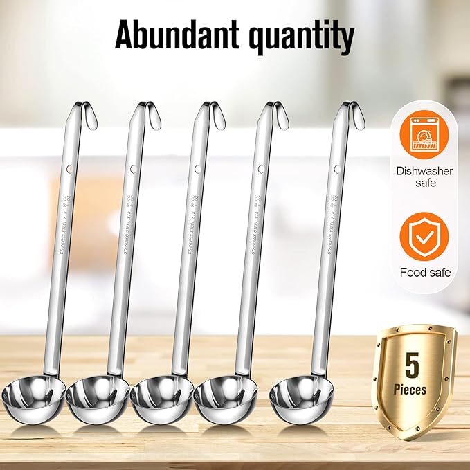 Cunhill 5 Pcs Soup Ladles Stainless Steel Serving Ladles with Long Handle for Serving, Cooking, Stirring, Portioning Kitchen Restaurant Accessories(3 oz)