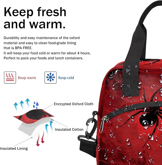 Spider Red Background Insulated Lunch Bag for Women Men Thermal Cooler Bag Adult Lunch Box with Shoulder Strap Reusable Lunch Tote Bag Large Containers for School Picnic Work Lightweight Handbag