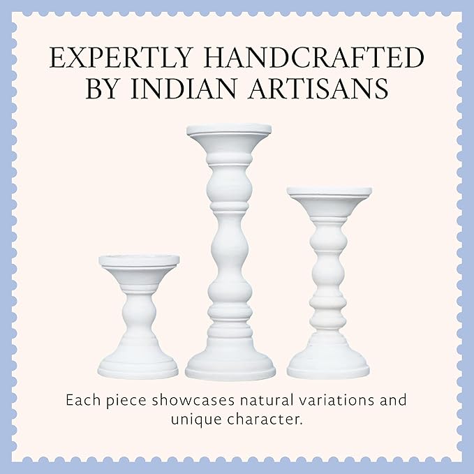 Mela Artisans 6”, 9” & 12” Mango Wood Pillar Candle Holder Set of 3 – Willow Design Matte White – Wooden Candle Holders for Table, Mantel & Living Room Décor