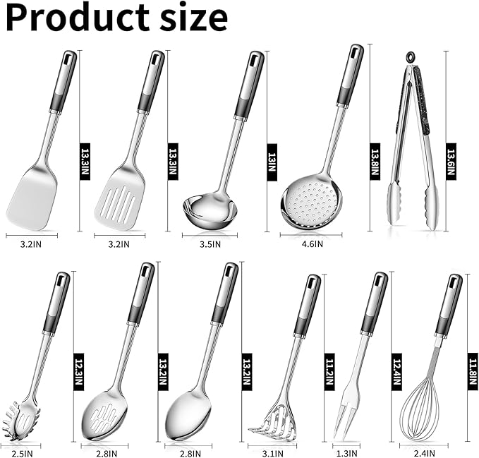 Stainless Steel Kitchen Utensil Set – Premium Thickened Cooking Utensils Set, Silver Kitchen Tools Set for Cooking, Dishwasher Safe Kitchen Tool Set