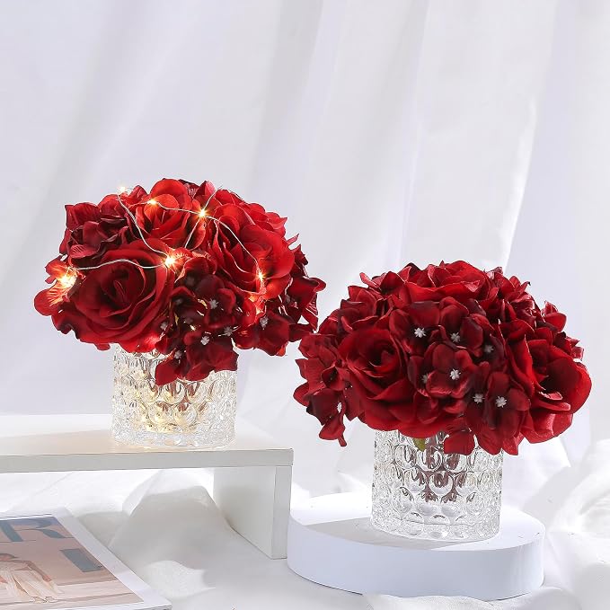 Rose Silk Flower Arrangement Artificial Vivid Rose in Glass Vase with LED Light Elegant Centerpiece for Home Wedding Bathroom Table Shelf Decoration (Dark Red)
