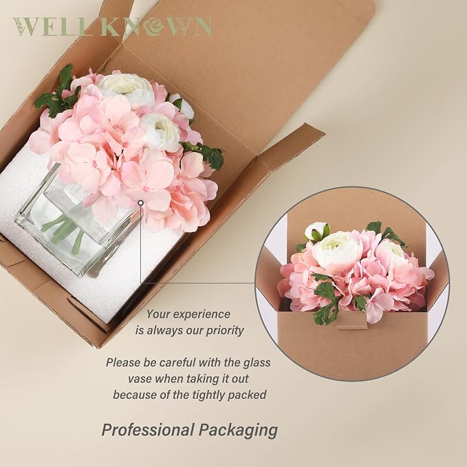 WELL KNOWN Artificial Hydrangea and Ranunculus Flowers in Vase with Faux Water, Silk Spring Pink Flower Arrangement Centerpiece for Home Dining Table Office Wedding Decor & Mom's Gift