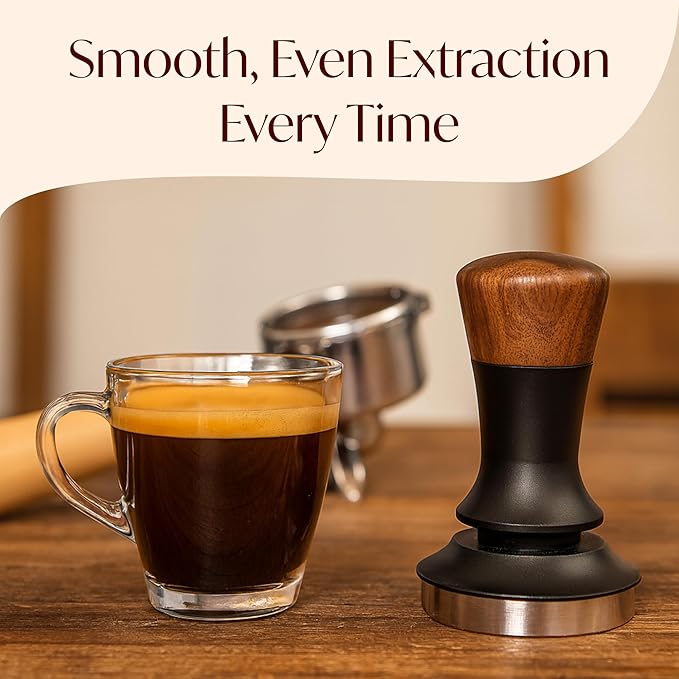 Espresso Tamper for 54mm Portafilter – Adjustable Depth Spring Loaded Tamper for Consistent Tamping – Barista Coffee Press Tool with Stainless Steel Base – Black & Walnut