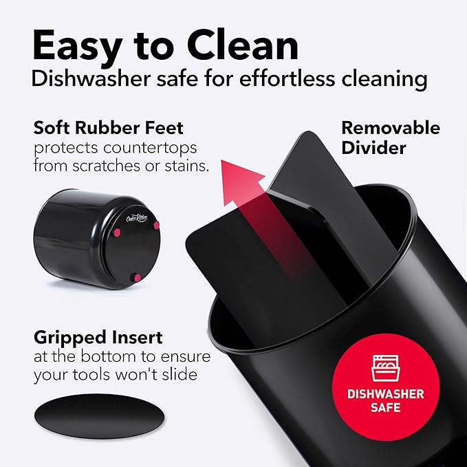 Cooler Kitchen Jumbo Extra Large Sturdy Rotating Black Utensil Holder Caddy with No-Tip Weighted Base, and Gripped Insert - Rust Proof and Dishwasher Safe Kitchen Utensils Holder