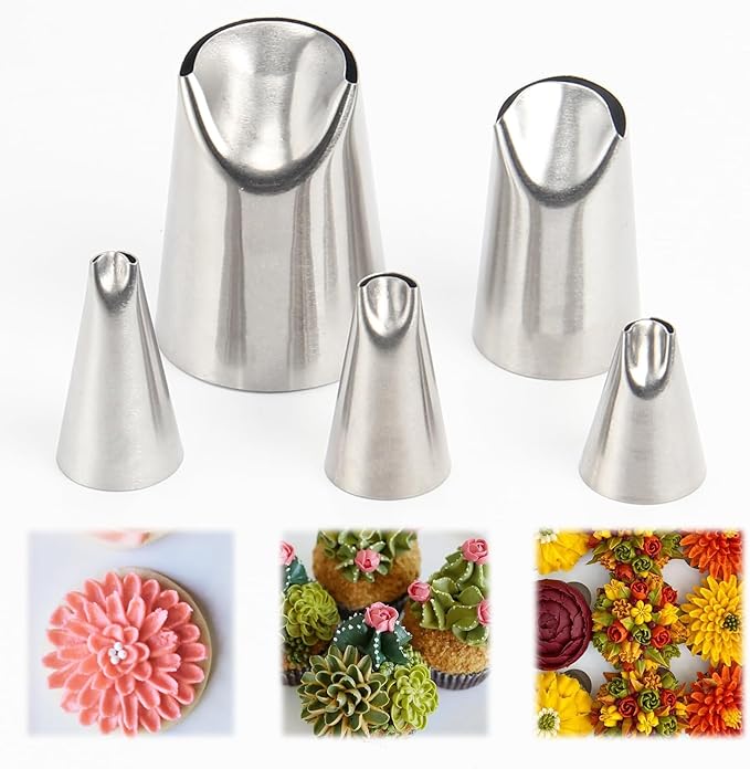 Flower Piping Tip Set, 5-Piece Stainless Steel Chrysanthemum and Tulip Korean Style Nozzles – Buttercream Bean Paste Frosting Icing Tips for Cake Decoration Cupcakes Cookies Baking Tools