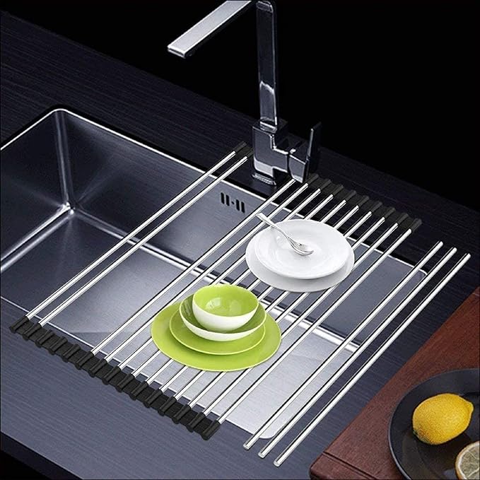 Roll up Dish Drying Rack Over The Sink Portable Stainless Still Rolling Rack Folding Mat for Kitchen Counter (Black, 17.7''LX11.8''W)
