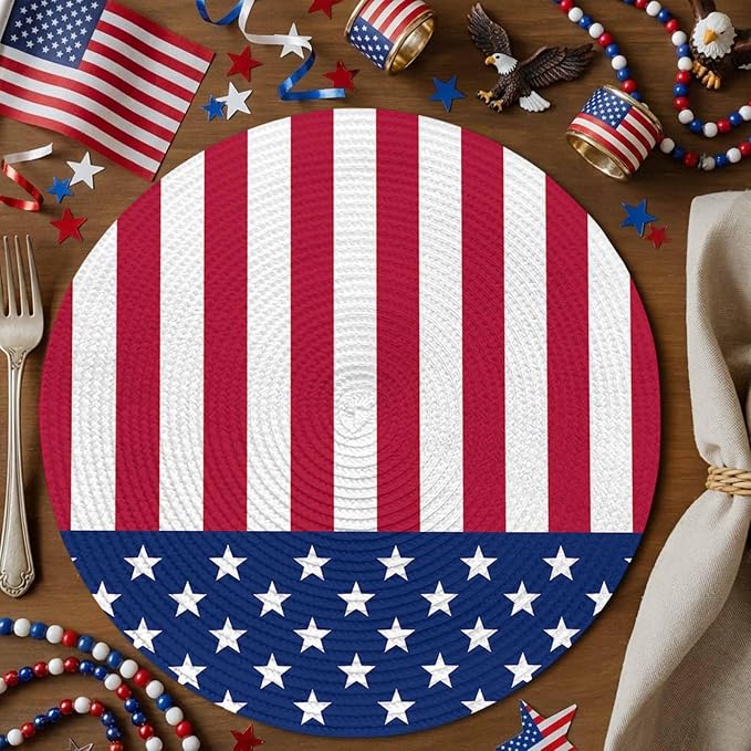 4th of July Round Placemats Set of 8 American Flag Place Mats Independence Day Woven Placemat Red White and Blue Star Stripes Circle Braided Table Mat for Kitchen Dining Table Party Decor 15 Inch
