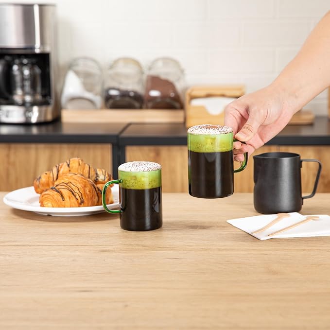 Restaurantware Glass Coffee Mug 2 Count 7 Oz Borosilicate Tea Cup with Ergonomic Handle, Dishwasher-Safe Green Thermal Resistant Mug for Hot and Cold Drinks