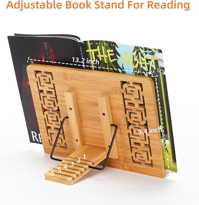 MEGREZ Book Stand for Reading (13.2 x 9.4 inch) Bamboo Cookbook Stand Holder for Kitchen, Adjustable Book Holder Stand for Tablet/Textbook Holder/Hollow Bookrest Stand, Butterflies