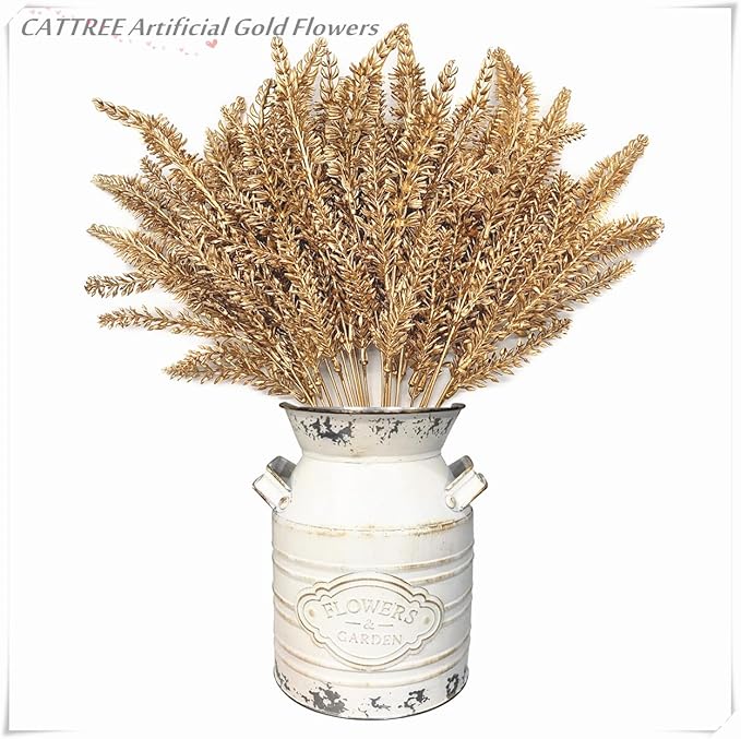 CATTREE Christmas Artificial Golden Plants, Plastic Grass Faux Shrubs Fake Lavender Leaves Simulation Wheat Ears Bushes Home Indoor Wedding Party Decoration Hall Table Planter Filler - Gold 4 Pack