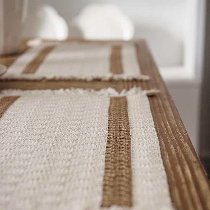 Niviy Boho Placemats Set of 8, 12x18 Inch Natural Cotton Burlap and Kitchen Woven Placemats with Tassels for Dining Table Centerpiece Thanksgiving Home Decorations