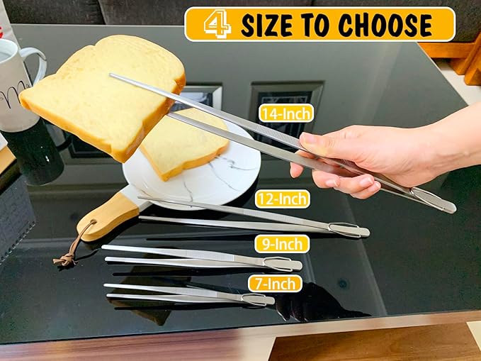 JETKONG 9 12 14 Inch Extra Long Kitchen Tweezers Heavy Duty Stainless Steel Cooking Tweezers, Set of 3 (Point Tips, Silver)