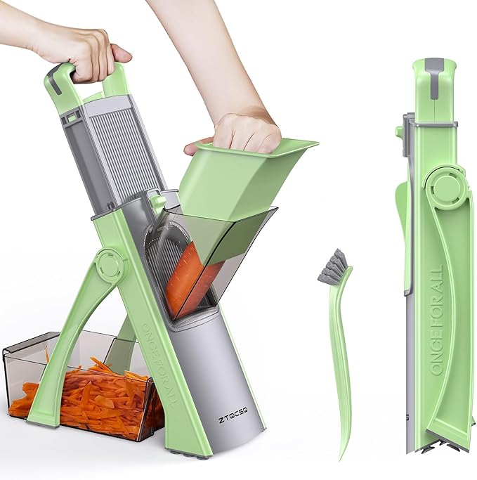 [All in 1] Upgraded Version Safe Mandoline Slicer for Kitchen, Adjustable Thickness. Veggie Slicer, Rapid Prep Mandoline, Detachable Blade, Cleaning Brush (Green)