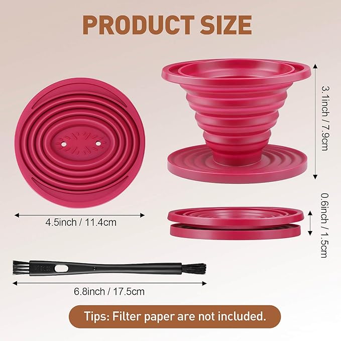 2Pcs Collapsible Pour Over Coffee Dripper, Reusable Silicone Coffee Filter Holder, Portable Manual Coffee Brewer Makes with A Cleaning Brush for Home Camping Hiking Travel Office
