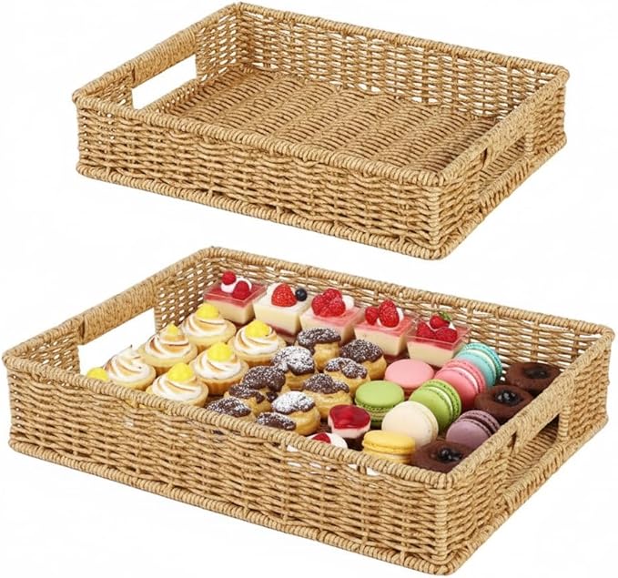 2pcs Woven Baskets Serving Trays with Handles, Poly Wicker Bread Basket Rectangular Platters for Fruit, Vegetables, Breakfast, Drinks, Snacks, Dining Coffee Table, 2 Size