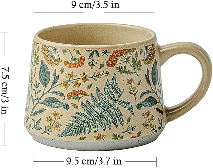 Ceramic Coffee Latte Mug, Vintage and Cute Floral Pattern With Handle, Unique Watercolor Floral Design Teacup, Suitable for Home and Office use, Microwave Safe (Green)