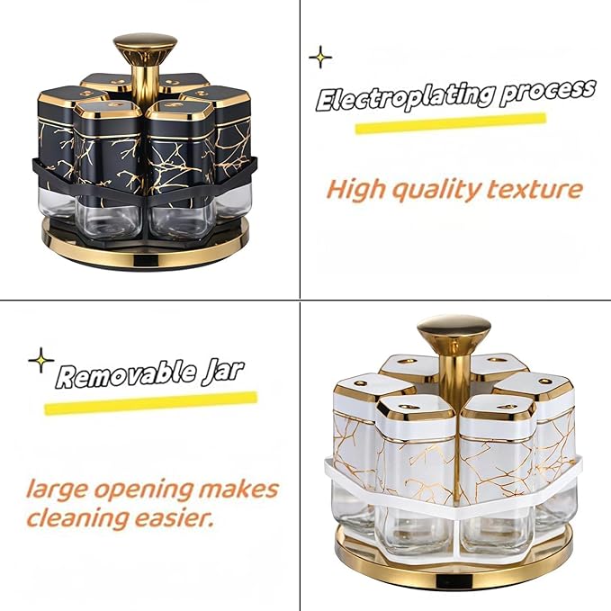 Revolving Spice Rack Organizer with 6 Glass Jars, Countertop Spice Seasoning Rack Tower with Glass Containers, Rotating Seasoning Holder Shelf for Kitchen (Black and Gold)