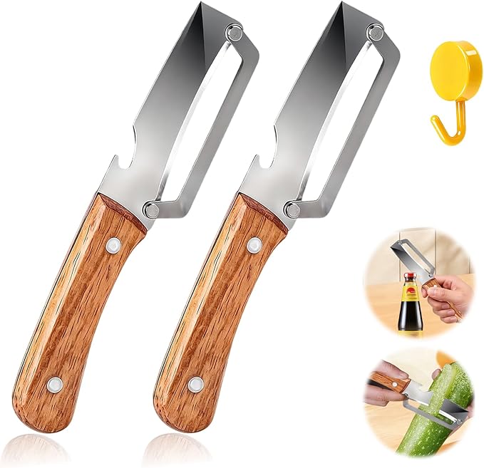 2pcs 2 In 1 Multi-Functional Vegetable Peeler With Bottle Opener, Stainless Steel Kitchen Tool With Wooden Handle, Premium Vegetable Peeler Suitable For Potatoes, Apples, Pineapples, Mangoes Cucumber