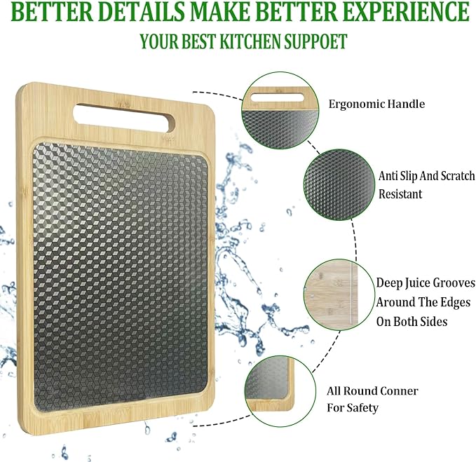 Double Sided Bamboo&Stainless Steel Cutting Board with Juice Groove and Handle, Non Toxic, Wooden Chopping Boards for Kitchen,Charcuterie Board,Ideal Gift for Housewarming(15”×11”Large YC)