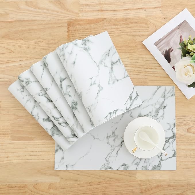 Homaxy Faux Leather Heat Resistant Placemats for Dining Table Set of 8, Waterproof Wipeable Washable PU Table Mats, Easy to Clean Anti-Slip Place Mats, 11.8" x 17", Marble