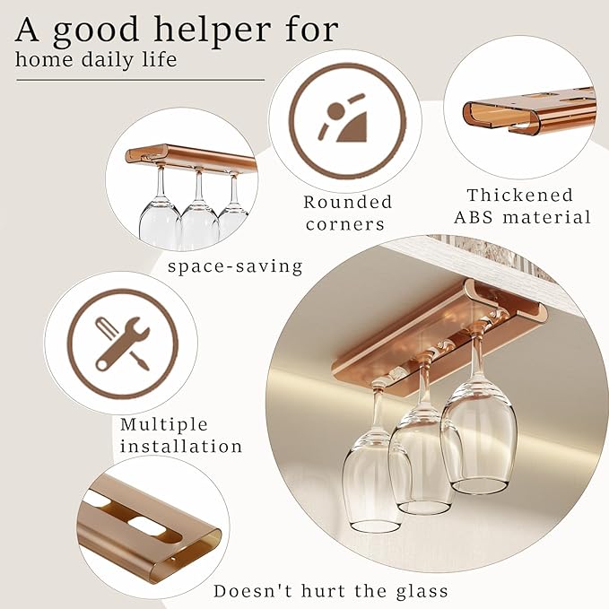 2Pack Wine Glass Holder - Under Cabinet, No Drilling Installation, Stemware Rack for Kitchen and Bar (Amber)