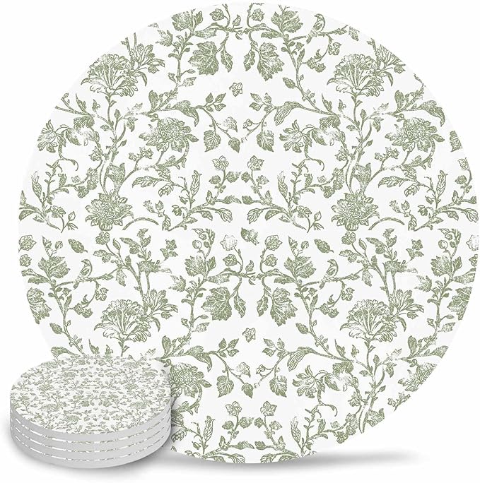 Drink Coasters Sage Green Pastoral Flower Absorbent Stone Ceramic Coaster with Cork Back and NO Holder for Cups, Set of 4-Piece Farmhouse Coasters for Drinks
