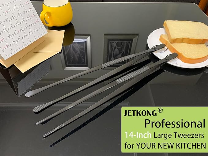 JETKONG 2 Pcs 14-Inch Food Tweezer Tongs Extra Long Stainless Steel Kitchen Tweezer Cooking Tweezers (Black)