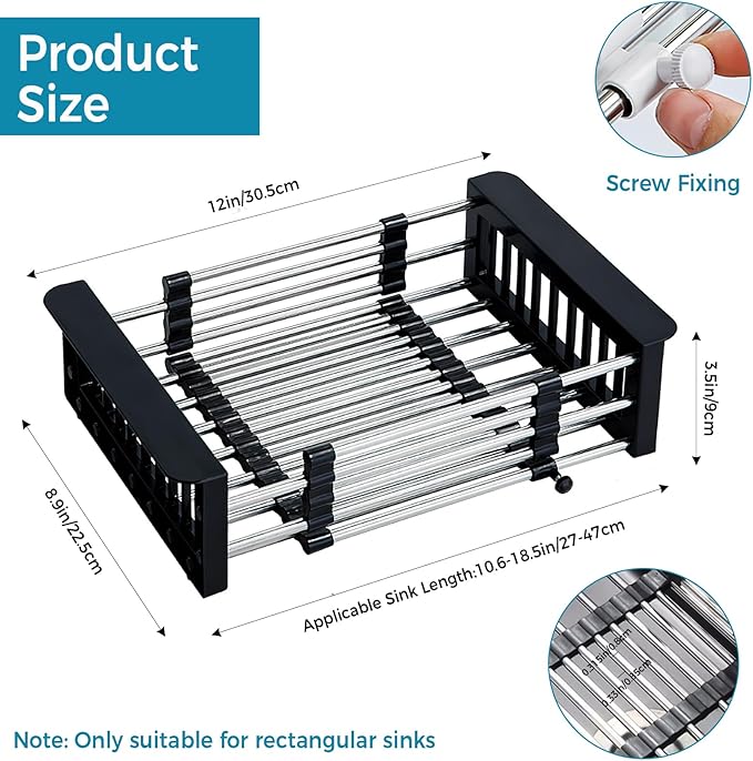 COVRA Stainless Steel Over-Sink Dish Drying Rack – Versatile Kitchen Organizer for 11″–19″ Square Sinks – Effortless Drying for Dishes, Fruits & Vegetables (Black)