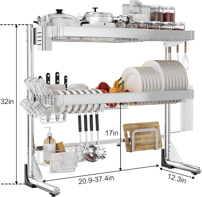 Over The Sink Dish Drainer Drying Rack 3 Tier, Full Stainless Steel Dish Drying Rack Adjustable Length 20.9''-37.4'', Kitchen Sink Shelf, Organized Space-Saving Dish Rack