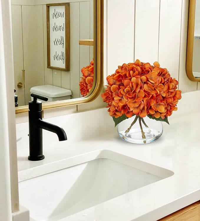 Hollyone Orange Fall Hydrangea Artificial Flowers for Decoration with Vase Silk Fake Flowers Arrangements in Glass Vase with Faux Water Autumn Festival Table Centerpiece Fall Decorations for Home