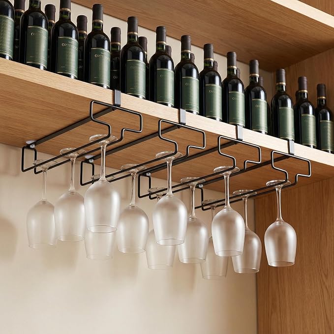 4 Pcs Wine Glass Holder, Stemware Rack Hanger Under Cabinet Wine Glass Rack Kitchen Hanging Glasses Storage Rack Organizer, Black