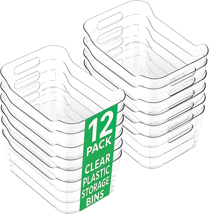 CiWiVOKi 12 Pack Clear Plastic Storage Bins, Acrylic Organizer and Containers with Handle for Pantry, Cabinet, Closet, Refrigerator, Freezer, Bathroom, Kitchen Under Sink Storage