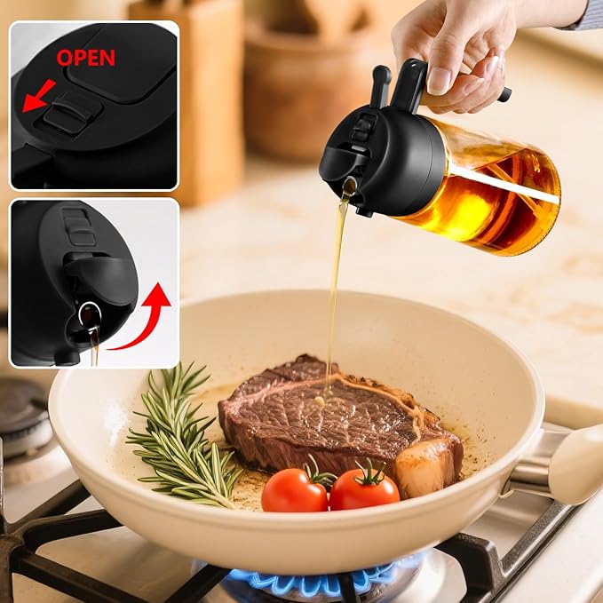 SWEET VIEW 2PCS Oil Sprayer for Cooking, 16oz/470ml Glass Oil Dispenser/Pour Bottle, Kitchen Accessories, Kitchen Gadgets for Air Fryer, Salad, BBQ, with Stickers (Black,Black)
