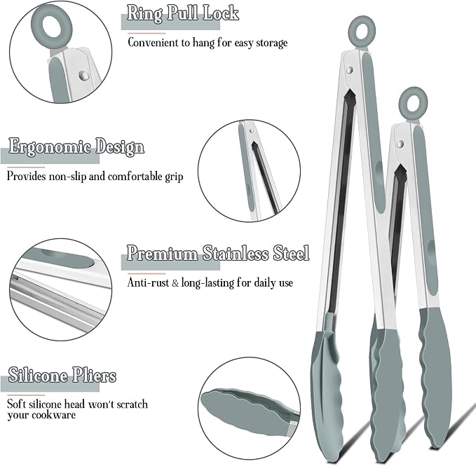 TeamFar Kitchen Tongs, 9" and 12" Stainless Steel Cooking Tongs with Silicone Tips for Cooking Grilling Serving & BBQ, Heat Resistant Silicone Tongs, Locking Design & Dishwasher Safe, Set of 2 & Grey