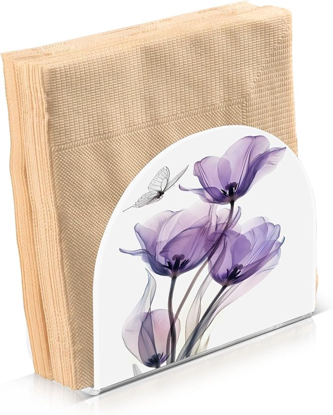 Purple Tulips Flowers Butterfly Napkin Holder for Tables Paper Cocktail Napkin Holders for Kitchen and Dinning, Acrylic Dinner Napkin Dispenser for Restaurant Home Decor Bar Accessories 1 Pack