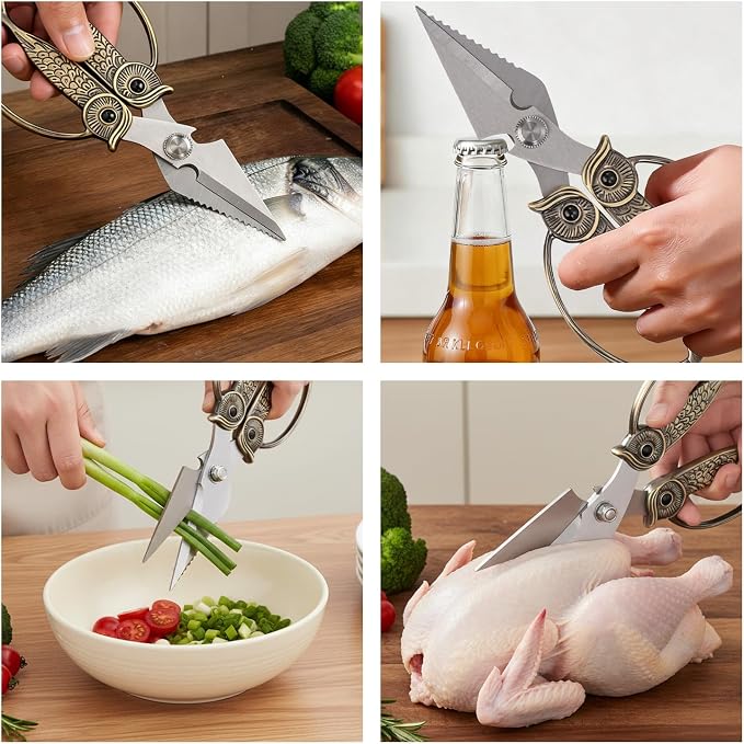 WARMHEART Owl Kitchen Scissors All Purpose, Stainless Steel Heavy Duty Sharp Shears for Meat, Chicken, Fish, Poultry, Herb, Bread (Rose gold, Large)