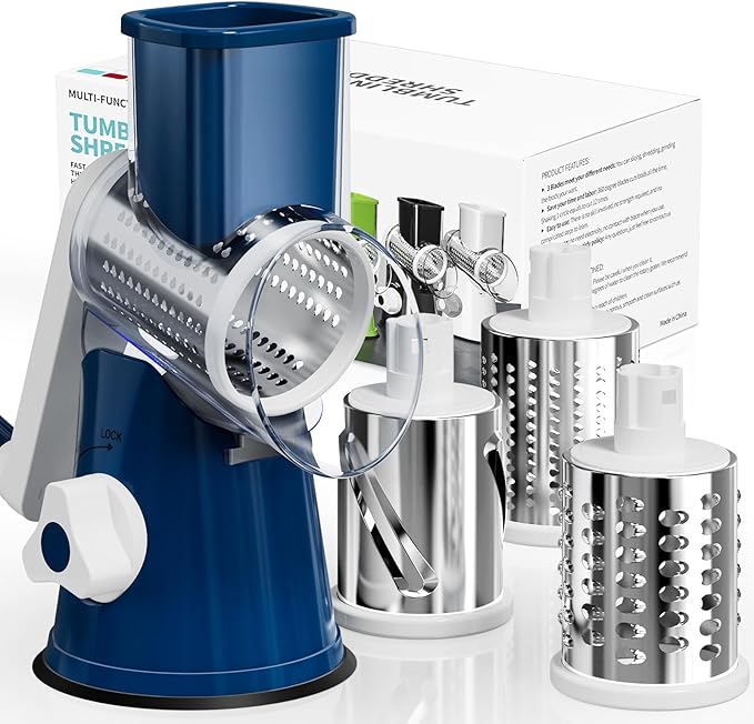 Cheese Grater Hand Crank, Rotary Cheese Shredder with 3 Interchangeable Blades for Coarse, Fine Shredding and Slicing, Strong Suction Base for Pizza, Pasta, Salad, Vegetables, Nuts, Chocolate