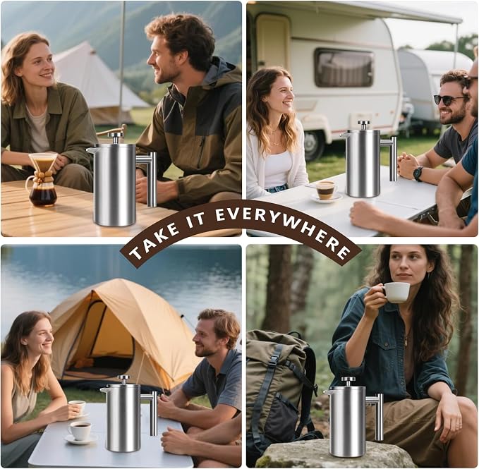 French Press 24 oz, Premium Stainless Steel French Press Coffee Maker 2 cup | Double Wall Insulated French Coffee Presses, 304 Food Grade Stainless Body, Ideal for Camping Travel Home, No Plastic