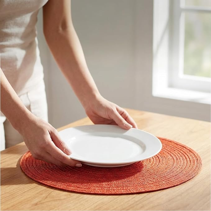 AHHFSMEI Round Braided Placemats Set of 6 Woven Table Mats for Dining Table Heat Resistant Easy to Clean Perfect for Kitchen & Home Decor (Dark Orange)