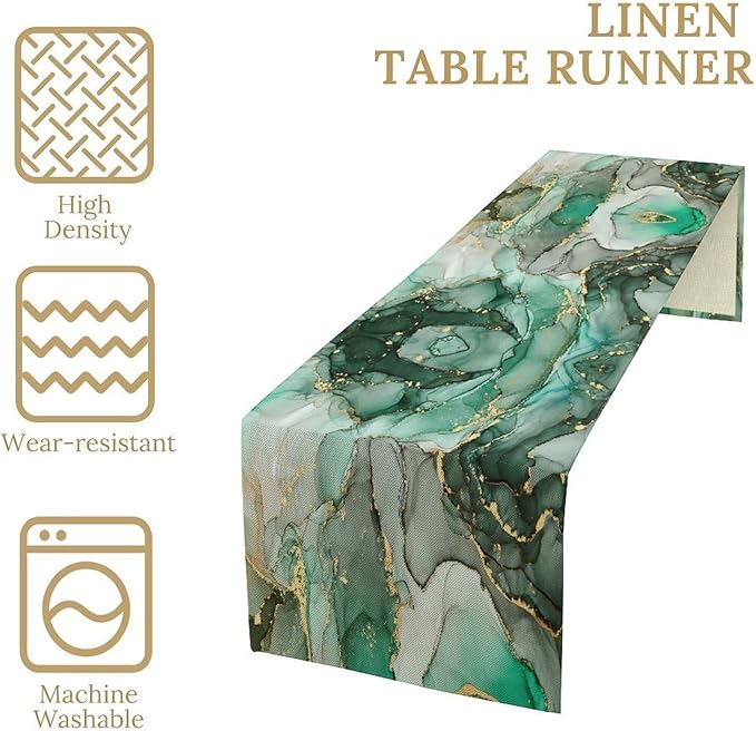 Marble Table Runner, Abstract Green and Gold Foil Modern Luxury Texture Printed Linen Table Runners for Living Room Kitchen Dining Room Party Holiday Home Decor 13" W x 108" L