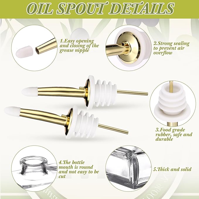 Reallnaive 10 Sets Olive Oil Dispenser Bottles for Kitchen with Nozzles Funnel Labels Cooking Oil Dispenser 500ml Set for Kitchen Vinegar Coffee Syrup (Gold)