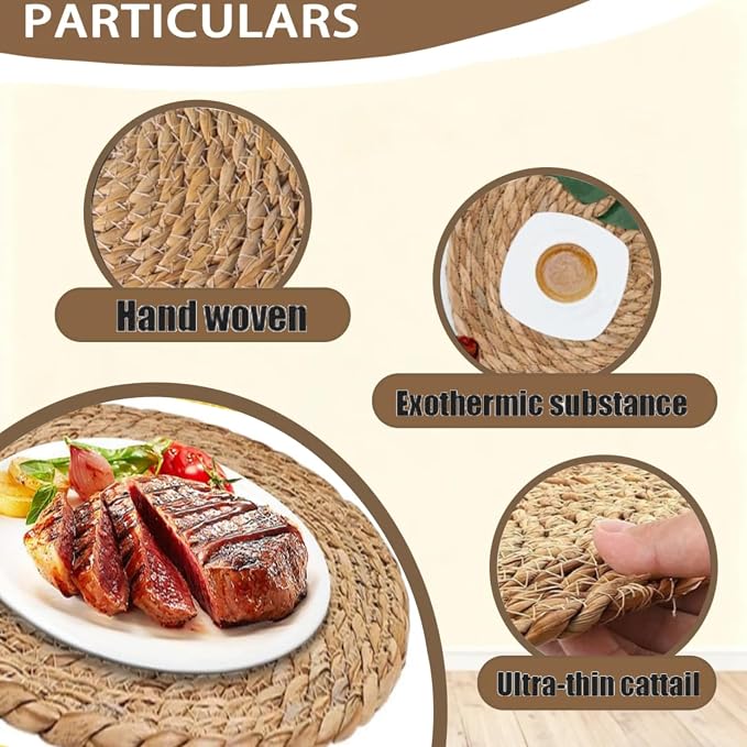 Round Woven Rattan Placemats, Handmade Natural Daffodil Pattern, Bohemian Style, Ideal for Gatherings, Outdoor Picnics, Weddings (Set of 6, 12 Inches Each)