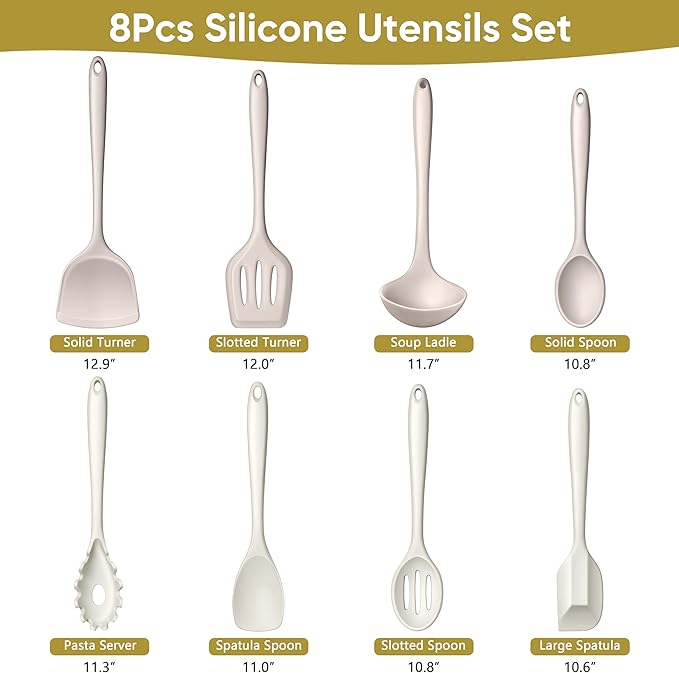 LIANYU 8Pcs Kitchen Utensils Set, Silicone Cooking Utensils Spatula Set for Nonstick Cookware, Include Silicone Spatula, Ladle, Turner, Spoon, Heat Resistant, Dishwasher Safe, Khaki White