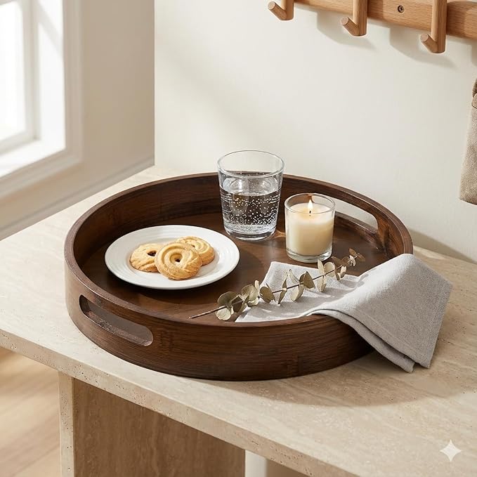 Round Trays Home Decor, 11.8" Large Round Wood Tray for Ottoman Coffee Table Trays, Wooden Kitchen Serving Decorative Trays for Home Office Counter Serveware Organizer, Walnut
