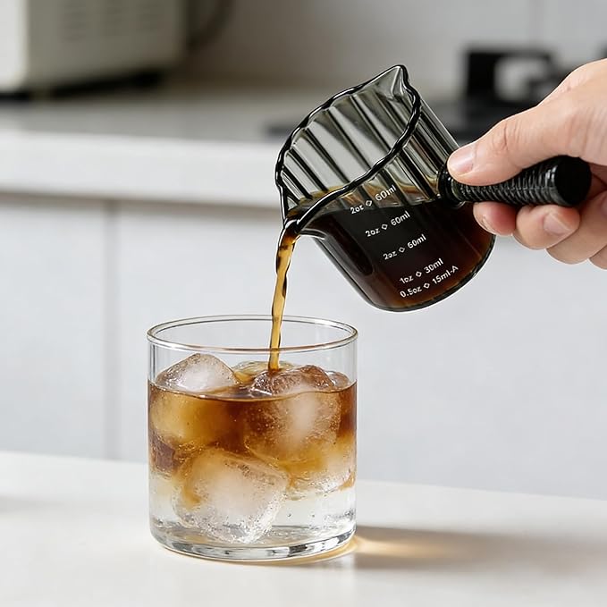 Glass Espresso Shot Measuring Cup Set, Gray, Double Spout Design with Glass Handle for Dishwasher Safe, 4 oz Capacity, 2 Pack, Coffee Bar Accessories (Gray)