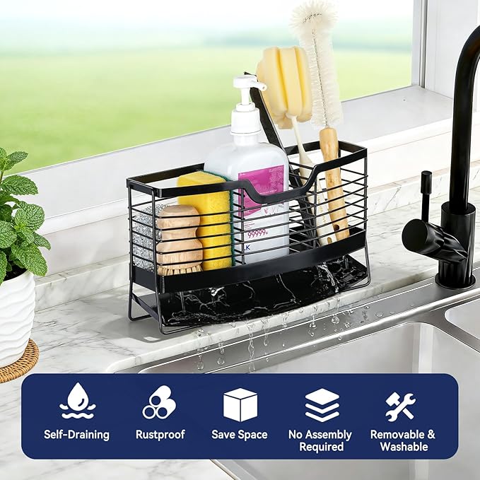 Utensil Holder, Stainless Steel Utensil Drying Rack with Automatic Drain Tray for Kitchen Counter, 3 Compartments Silverware Spoon Holder Cutlery Storage Organizer, Black