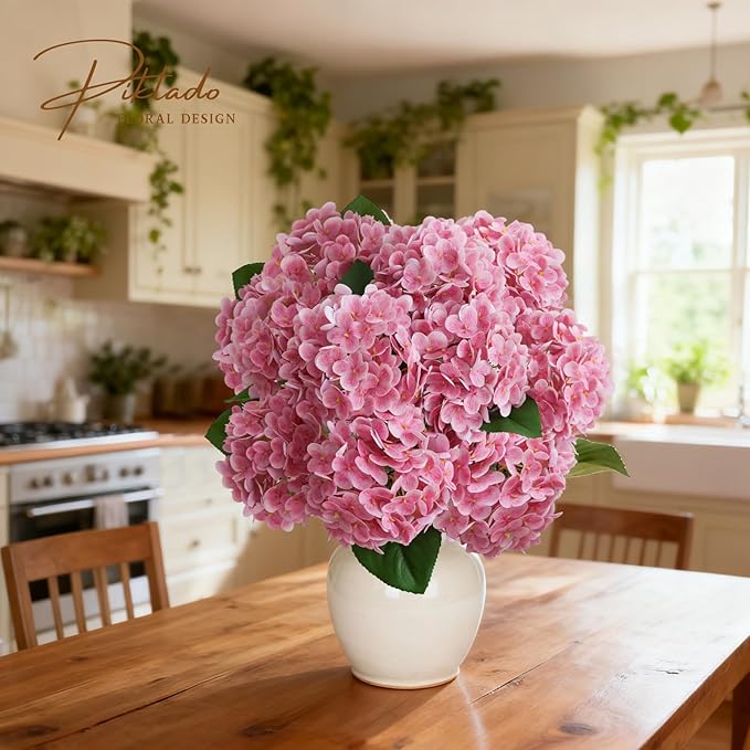 A Bunch 21in, Real Touch Pink Hydrangea Artificial Flowers,with 5pcs Flower Head 10pcs Leaves, Faux Hydrangea Flowers for Home Office Decor Wedding Party Arrangements (1, Pink)