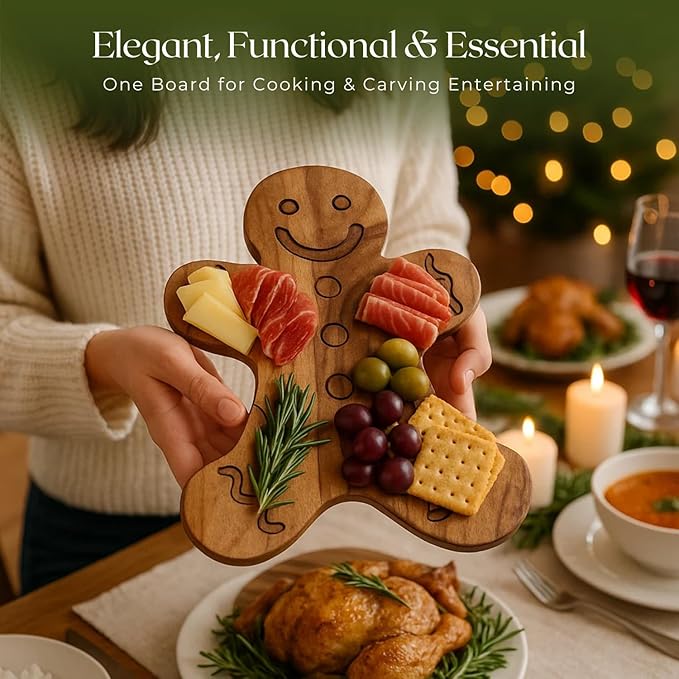 Aurah Gingerbread Shaped Acacia Wood Cutting Board for Kitchen Decorative - Wooden Charcuterie Serving Platter Snack, Fruit & Cheese - Housewarming, Wedding Gifts (13.5 x 10.5 Inch)