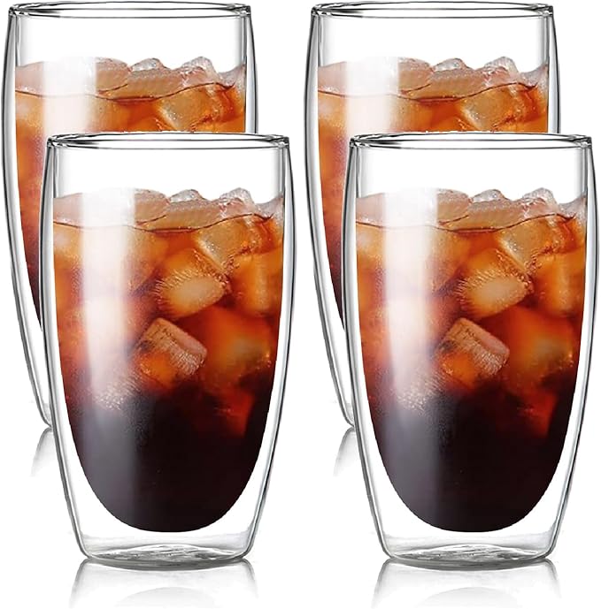 Set of 4 Double Wall Glass Coffee Mugs (15oz) - Insulated Clear Borosilicate Glass Cups for Latte, Cappuccino, Tea, and Espresso - Heat Resistant Glassware Gift for Christmas & Birthday